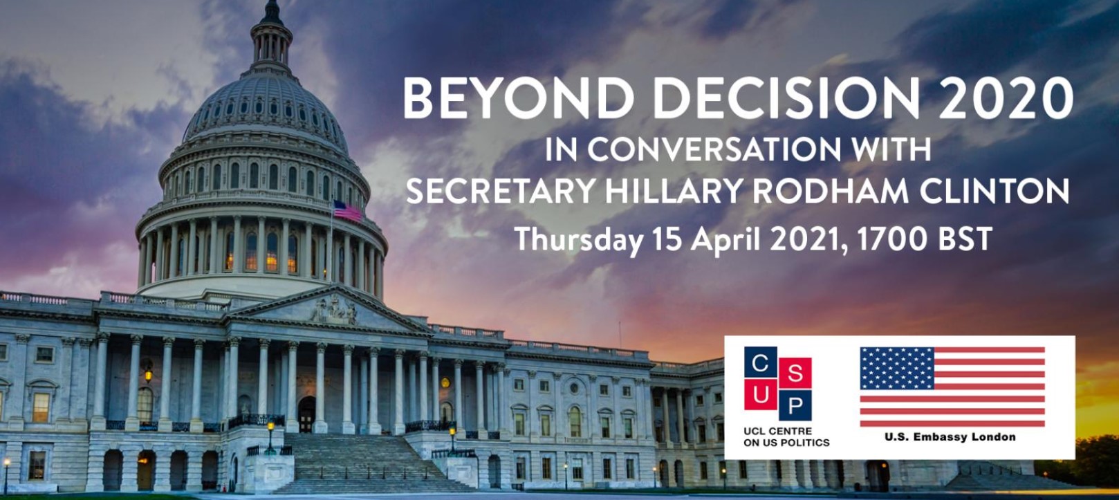 In conversation with Secretary Hillary Rodham Clinton Capitol Building in Washington DC at dusk, with purple shades in sky