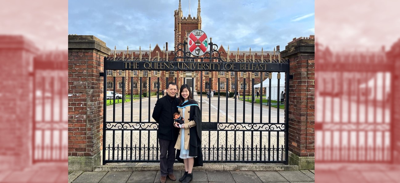 Return to campus Father and daughter Carlin and Vicky Chan outside front gates of Queen's