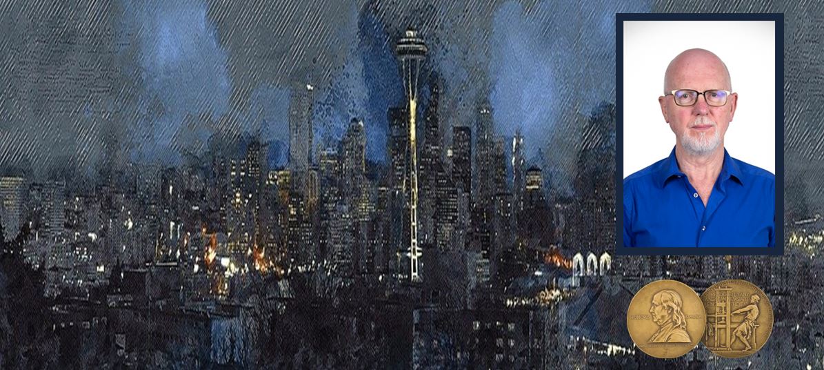 Seattle with, inset, Dominic Gates and Pulitzer prize coin Picture of Seattle skyline with, inset photo of Dominic Gates in blue shirt and Pulitzer prize coin