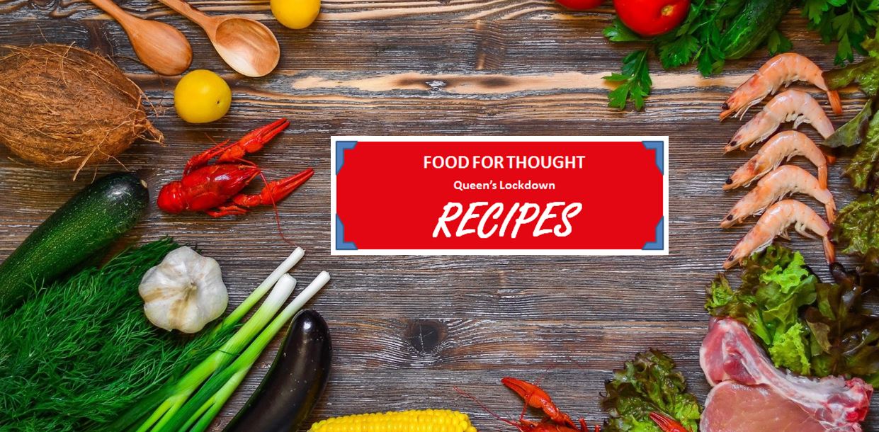 Meat, fish and vegetables on table with Food for Thought, Lockdown Recipes in centre Meat, fish and vegetables on table, Food for Thought