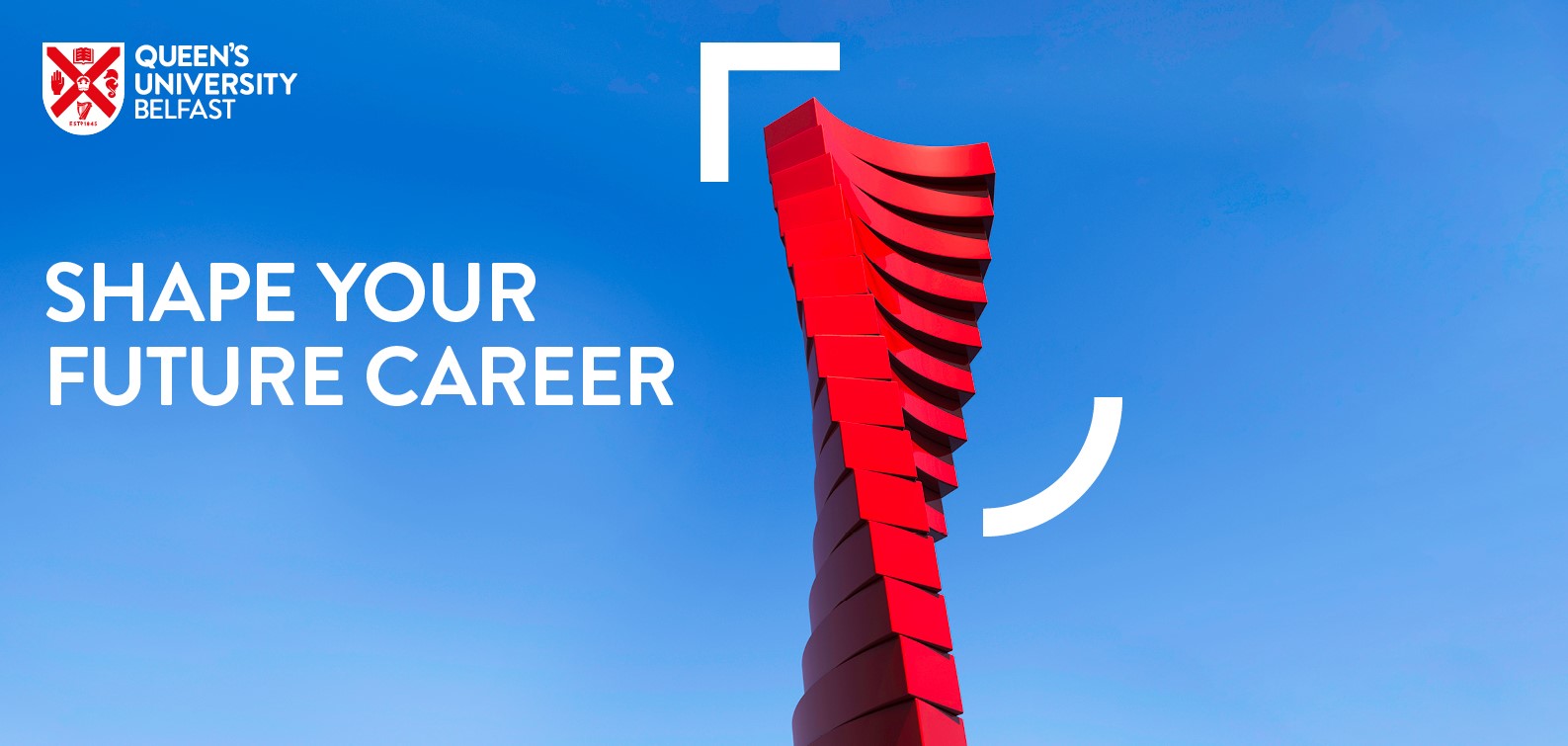 Free upskilling courses from Queen's Wording - Shape your future career - on blue sky background, with image of twisting red shape and University crest