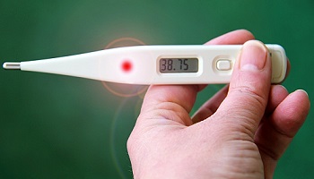 Handheld thermometer showing temperature of 38.75 degrees Celsius