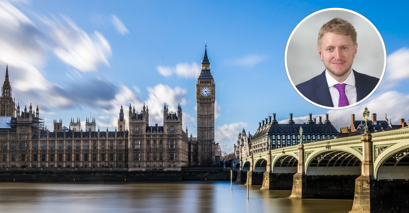 Meet Mark Logan MP Palace of Westminster and Big Ben with (inset) picture of Mark Logan MP