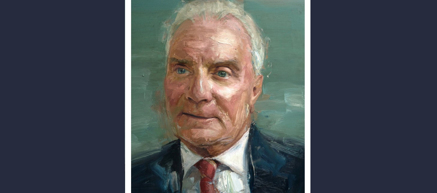Remembering Professor Jim Dornan Portrait by Colin Davidson of Professor Jim Dornan - grey haired 70-years-old man with white hair, wearing dark jacket, shirt and tie