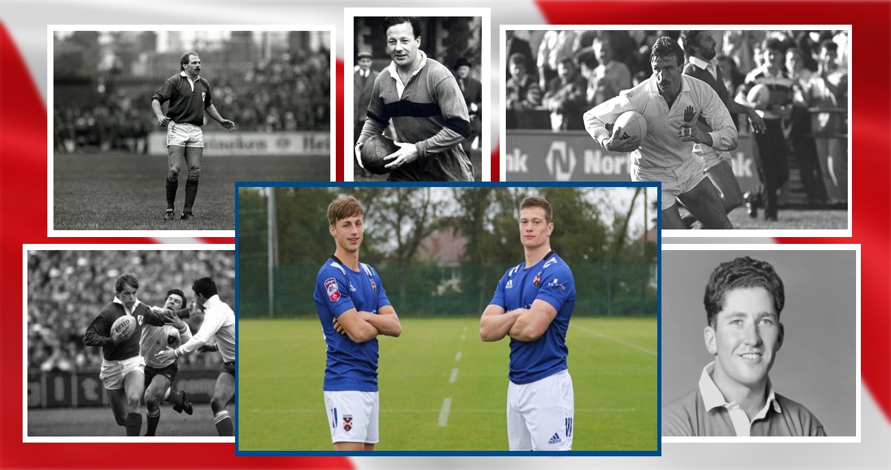 QUBRFC Canada Tour 2022 Collage of former Queen's rugby players (in black and white) including Jack Kyle and Trevor Ringland, and inset current students.