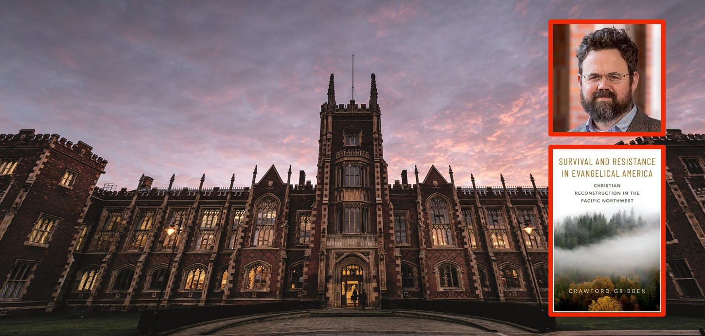 Lanyon Building at sunset with (inset) Professor Crawford Gribben and cover of book 'Survival and Resistance in Evangelical America'