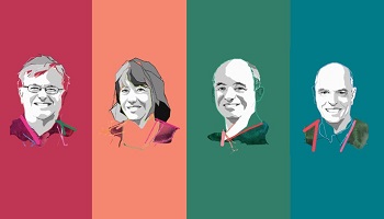 Four graduates depicted in stylised photo/graphics on four coloured backgrounds