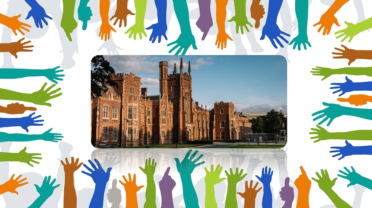 Volunteers' Week 2021 Hands coloured purple, green, blue and orange surrounding image of Lanyon Building